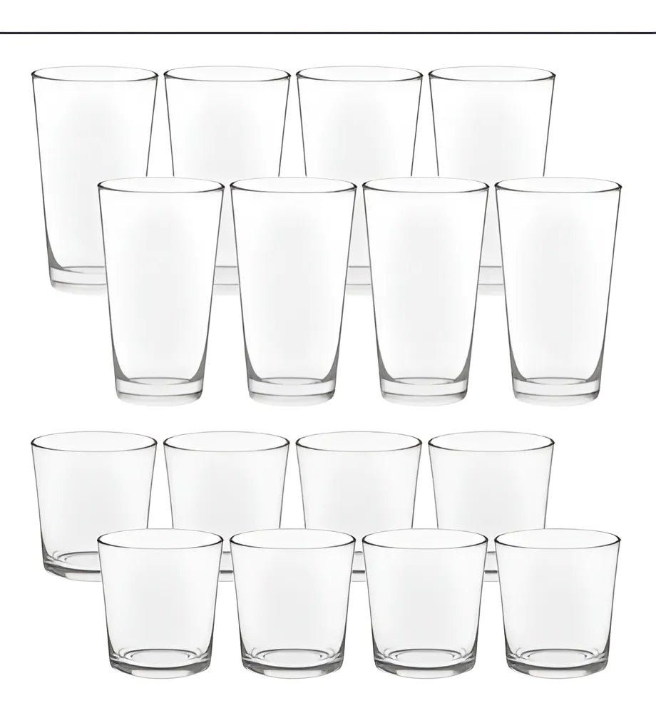 Juego Vasos De Vidrio Lisos 8 Pz 384ml + 8 Pz 473